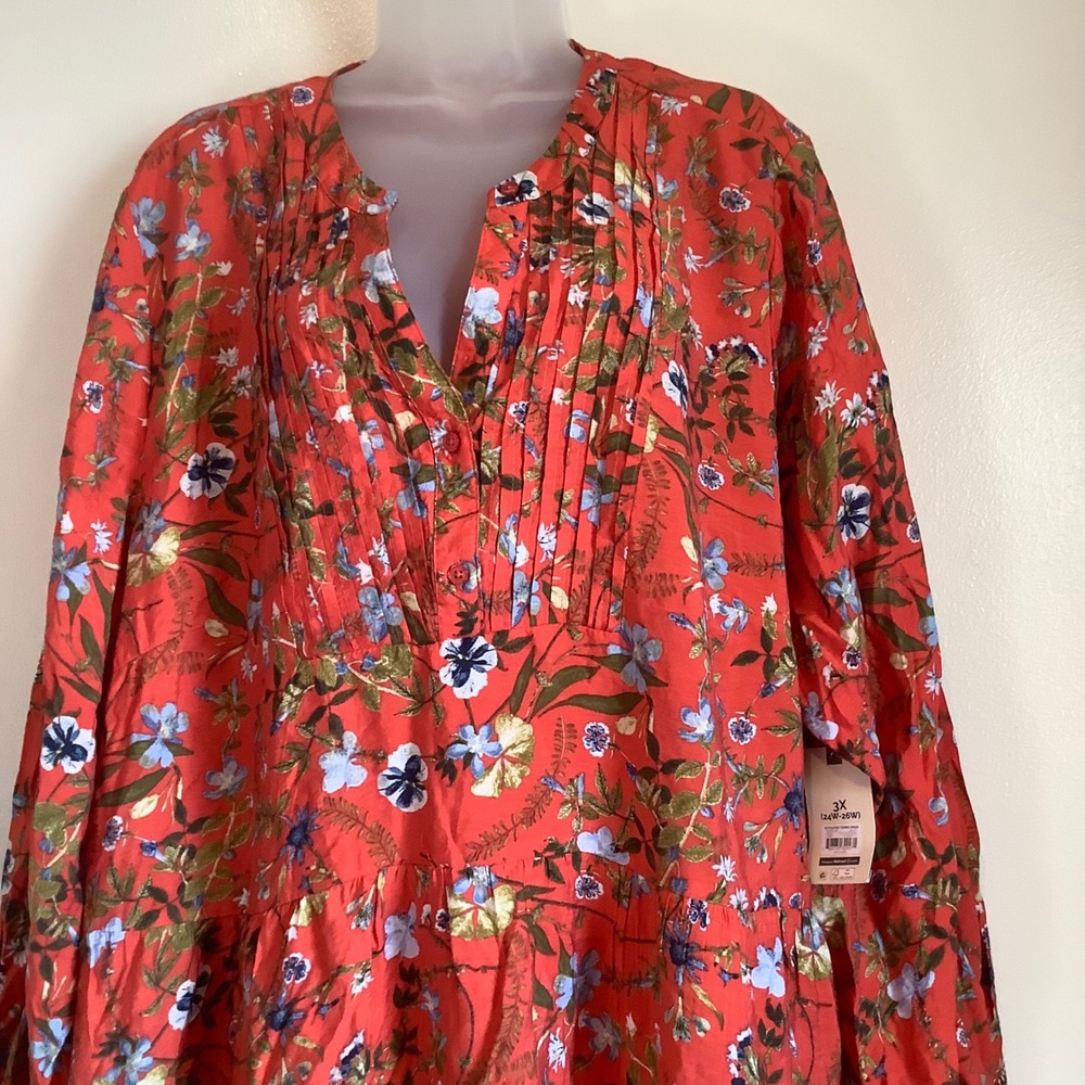 Terra & Skyβ Red Floral Pleated Tiered Dress Womens 3X Long Sleeve Boho Mini